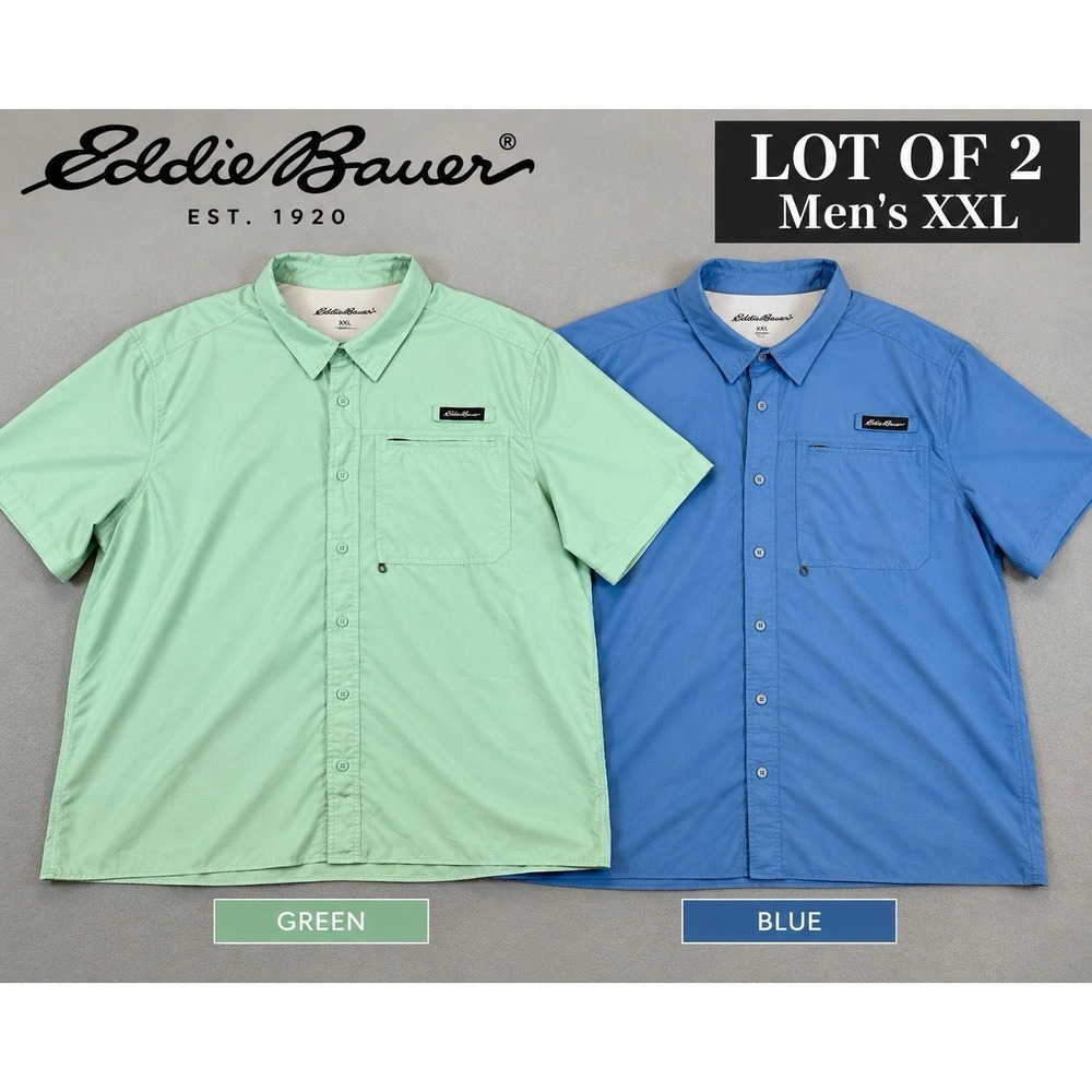 Eddie Bauer Woven Tech Shirts Mens XXL Lot of 2 Blue Green Short Sleeve